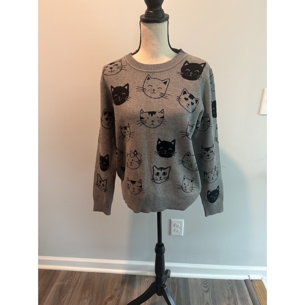 Calligraphie Anthropologie Women's size XL Gray Cat Print Crewneck Knit Sweater